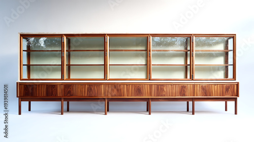 A long wooden cabinet with glass doors and shelves