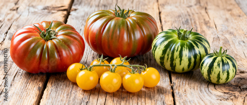 Variety of fresh tomatoes on wooden table, colorful heirloom tomatoes