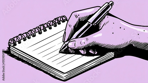 A hand is writing on a spiral notebook
