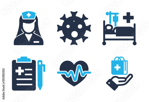 Patient Care and Virology icon set. Solid glyph series icons