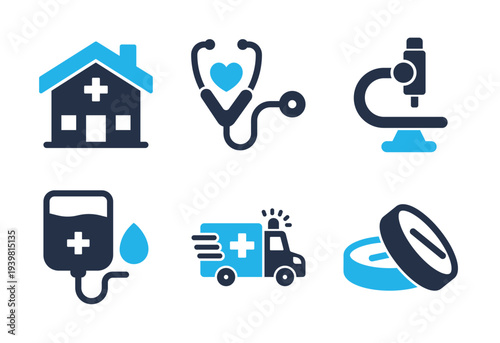 Medical Facilities and First Aid icon set. Solid glyph series icons