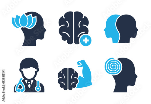 Mental Health and Mind Power icon set. Solid glyph series icons