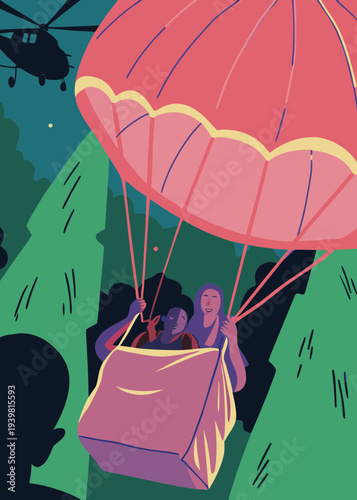 Dramatic close-up of relief package descending with parachute toward flood victims, helicopter hovering above, showcasing urgent humanitarian aid in action