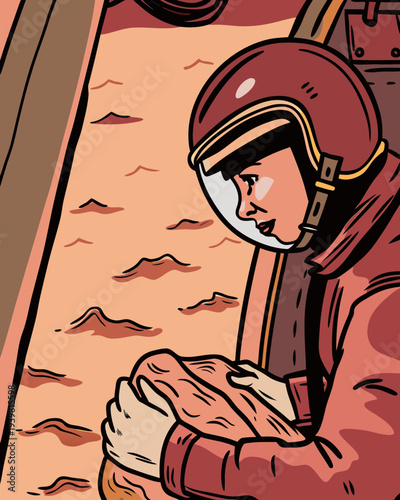 Rescue pilot in helmet seen through helicopter side door, holding relief package, surveying flood landscape, showcasing emergency response and humanitarian aid efforts