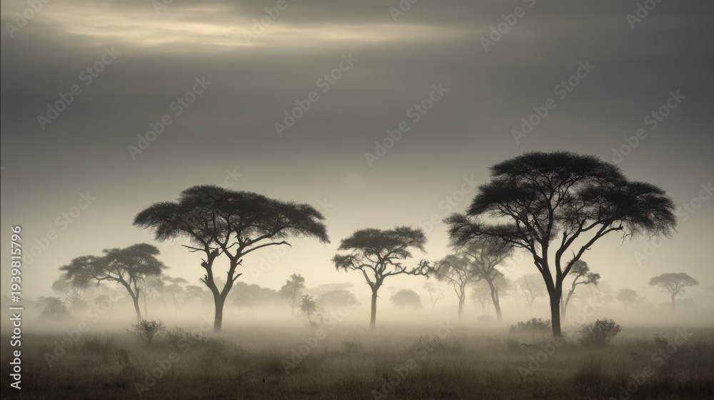Obraz premium Misty Morning Over African Savanna Plain with Silhouetted Acacia Trees