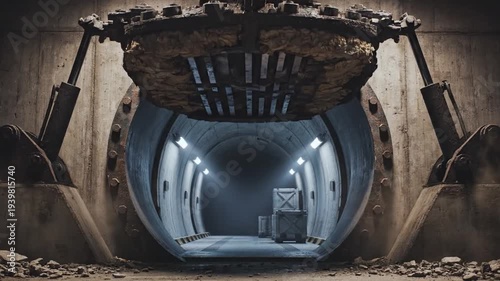 Ancient Vault Door Swings Open Revealing Passage. Disused Hatch Lifts To Expose Underground Tunnel Entrance. Old Metallic Hatch Retracts To Unveil Concealed Passageway Beyond Concrete Walls