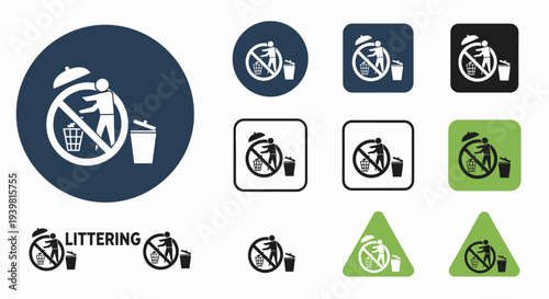 A sign indicating no littering with a trash can icon inside a black circle and a diagonal line through it.