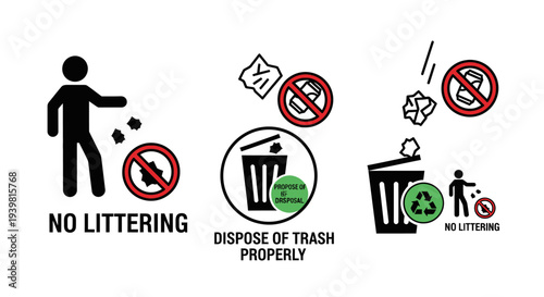 Waste management and recycling icon set featuring red prohibition signs for no littering and black and white trash bins for ecological disposal and environmental awareness