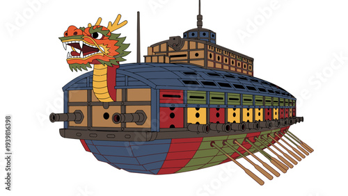 Korean Turtle Ship Vector Illustration, Historical Naval Vessel with Dragon Head, Ancient Warship Graphic for Asian Culture and History Projects