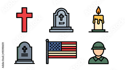 Memorial Icons Set: Tombstone, Cross, American Flag, Soldier, Candle, RIP Gravestone Vector Illustration for Remembrance and Patriotism