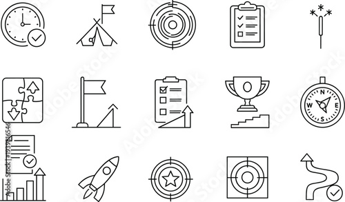 Business performance and goal achievement line icon set featuring trophy rocket compass target and progress charts for strategy planning.