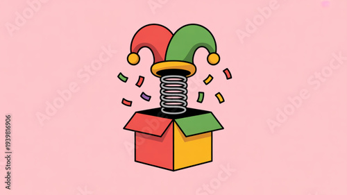 Colorful jester's hat emerges from open gift box with confetti on pink background symbolizing surprise and celebration