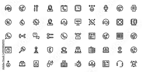Call center service icon set. Vector illustration pack featuring customer service, technical support, phone call, headset, help desk, contact center, FAQ, and more. Editable stroke.