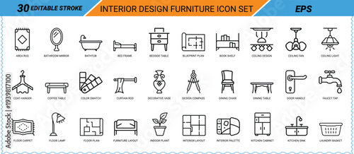Interior Design Furniture Icons Set With Editable Stroke illustration keywords