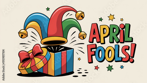 Colorful april fools' day illustration with jester hats and gift box
