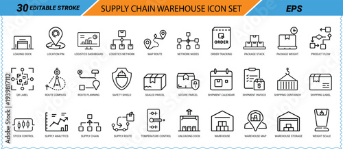 Supply Chain Warehouse Icon Set Editable Stroke EPS logistics shipping