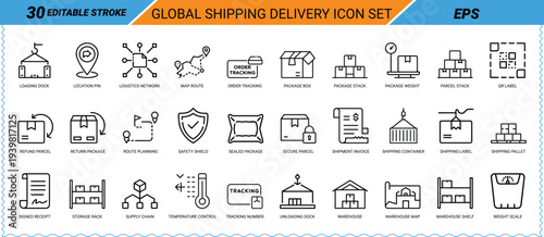 Global Shipping Delivery Icons Set With Editable Stroke illustration keywords