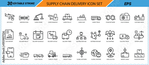 Supply chain delivery icon set editable stroke line art Keywords: air cargo barcode scan cargo