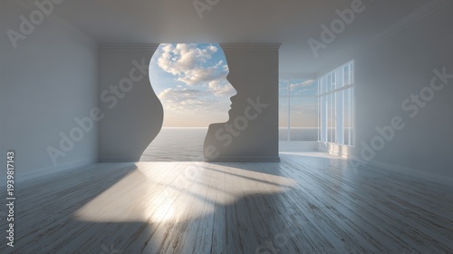Wide room with human head outline and bright light promoting mental health awareness