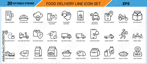 Food Delivery Line Icon Set Editable Stroke EPS Keywords: cash payment, catering box, cloud