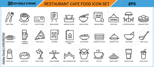 Restaurant cafe food icon set EPS editable stroke Keywords: restaurant, cafe, food, knife fork