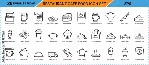 Restaurant cafe food icon set editable stroke line art Keywords: bar counter juice bill receipt