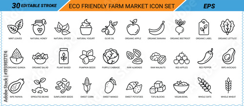 Eco friendly farm market icon set with 30 editable stroke icons mint leaves natural honey