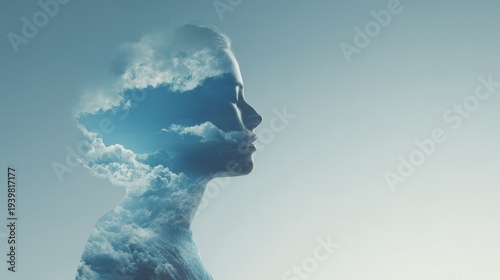 Creating awareness for mental health with clouds in the sky and a human silhouette against a neutral background