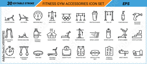 Fitness Gym Accessories Icon Set Editable Stroke EPS Keywords: leg extension, leg press