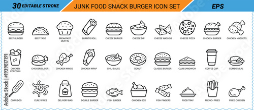 Junk Food Snack Burger Icon Set Editable Stroke Line Art beef burger taco