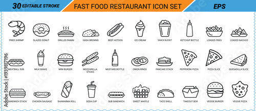 Fast Food Restaurant Icon Set Editable Stroke Line Art Keywords: fried shrimp, glazed donut