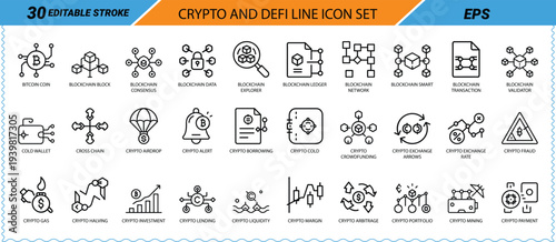 Crypto and De Fi line icon set with 30 editable stroke icons bitcoin blockchain