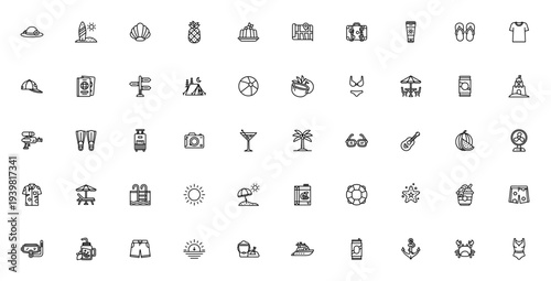 Summer travel icon set. Vector illustration includes Pamela hat, surfboard, shell, pineapple, beach ball, bikini, sunglasses, cocktail, palm tree and more. Editable stroke.