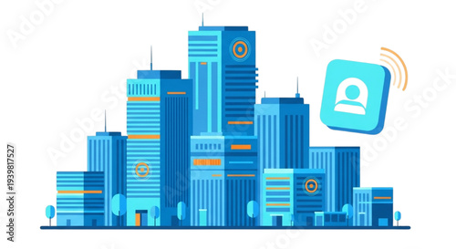 Modern cityscape illustration with prominent skyscrapers and digital security icon