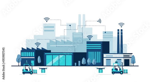 Industrial complex with forklifts and connected devices viewed from the front