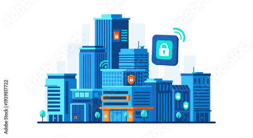 Cityscape illustration showing secure buildings with lock icon and wireless connectivity in urban environment from aerial viewpoint