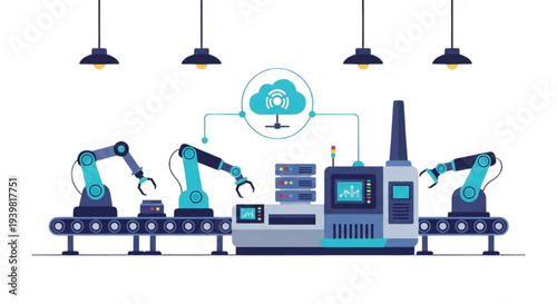 Industrial robots operating on assembly line with cloud connectivity in factory setting from frontal viewpoint