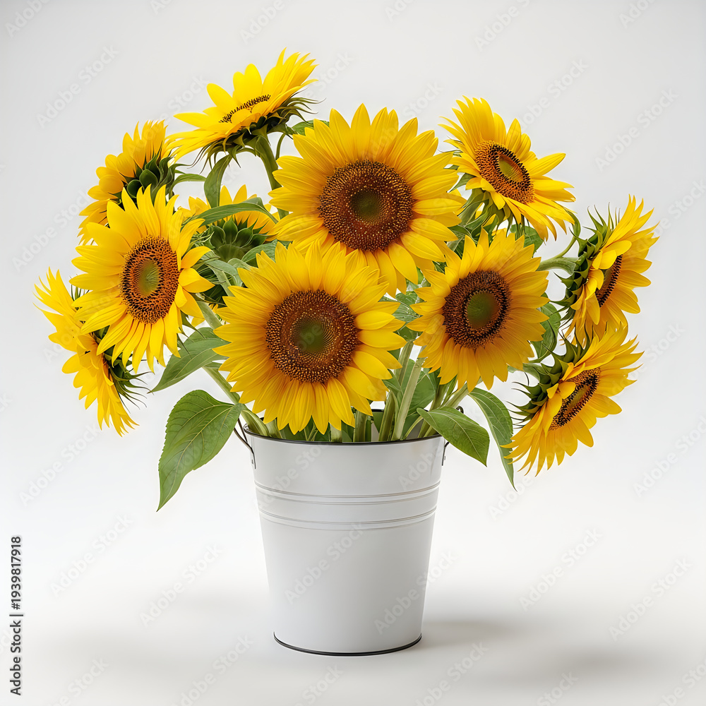 Obraz premium A cheerful bouquet of vibrant sunflowers in a white bucket vase.