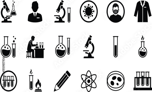 Black and White Science Laboratory Icon Set Featuring Microscope Flask and Research Equipment for Educational Design