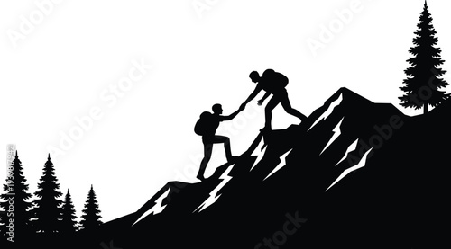 Black and White Silhouette of Mountaineers Helping Each Other Climb a Steep Mountain Peak with Pine Trees