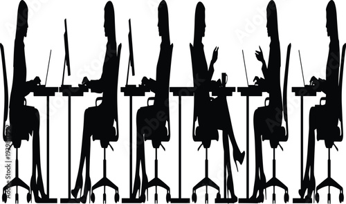 Black silhouettes of office employees working at computer desks representing teamwork and staff productivity concept in modern corporate open plan office layout.