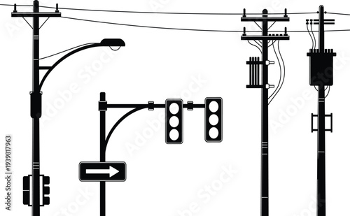 Black and White Silhouette of Street Facilities Including Traffic Lights and Utility Poles for Urban Design