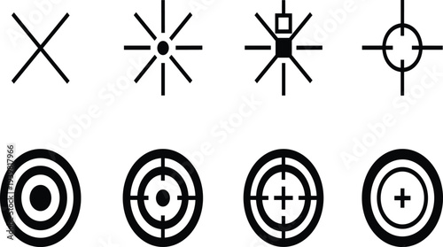 Black and White Vector Icon Set Featuring Crosshairs Radiating Sunbursts and Target Symbols for Design Use