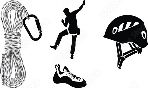 Climbing Equipment Essentials with Rope, Shoes, Helmet, and Silhouette for Extreme Sports Safety Background