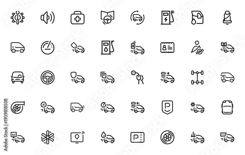 Driving icon set. Vector car icons pack. Includes auto repair, gas station, parking, insurance, rental, taxi, steering wheel, dashboard and more. Editable stroke.