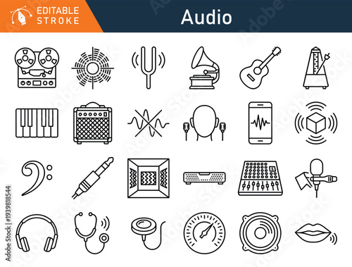 Audio Line Icons Set Music and Sound Recording Editable Stroke