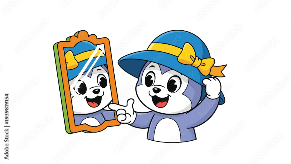 Fototapeta premium Cute Cartoon Puppies with Sun Hat and Mirror in Bright Summer Scene
