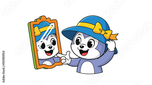 Cute Cartoon Puppies with Sun Hat and Mirror in Bright Summer Scene