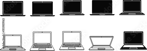 Set of laptop computer icons featuring various notebook styles and screen silhouettes, cad drawing flat vector illustration, isolated on white