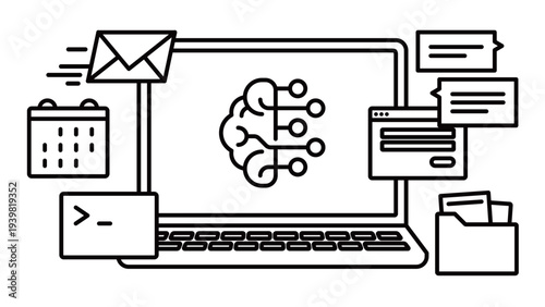 AI agent operating various apps on a laptop, variable line width
